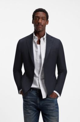 Slim-fit jacket in virgin wool and linen, Dark Blue