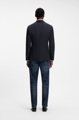 Chaqueta de traje slim fit de lana virgen y lino, Azul oscuro
