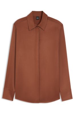 Regular-fit blouse in soft, lustrous fabric, Brown