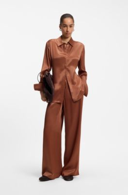 Regular-fit blouse in soft, lustrous fabric, Brown