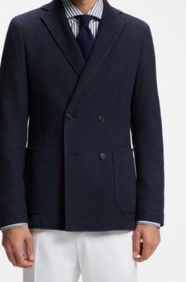 Blazer Slim crois&eacute; en coton &agrave; motif, Bleu fonc&eacute;