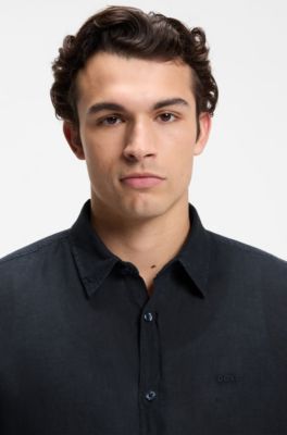 Camisa regular fit de lino, Azul oscuro