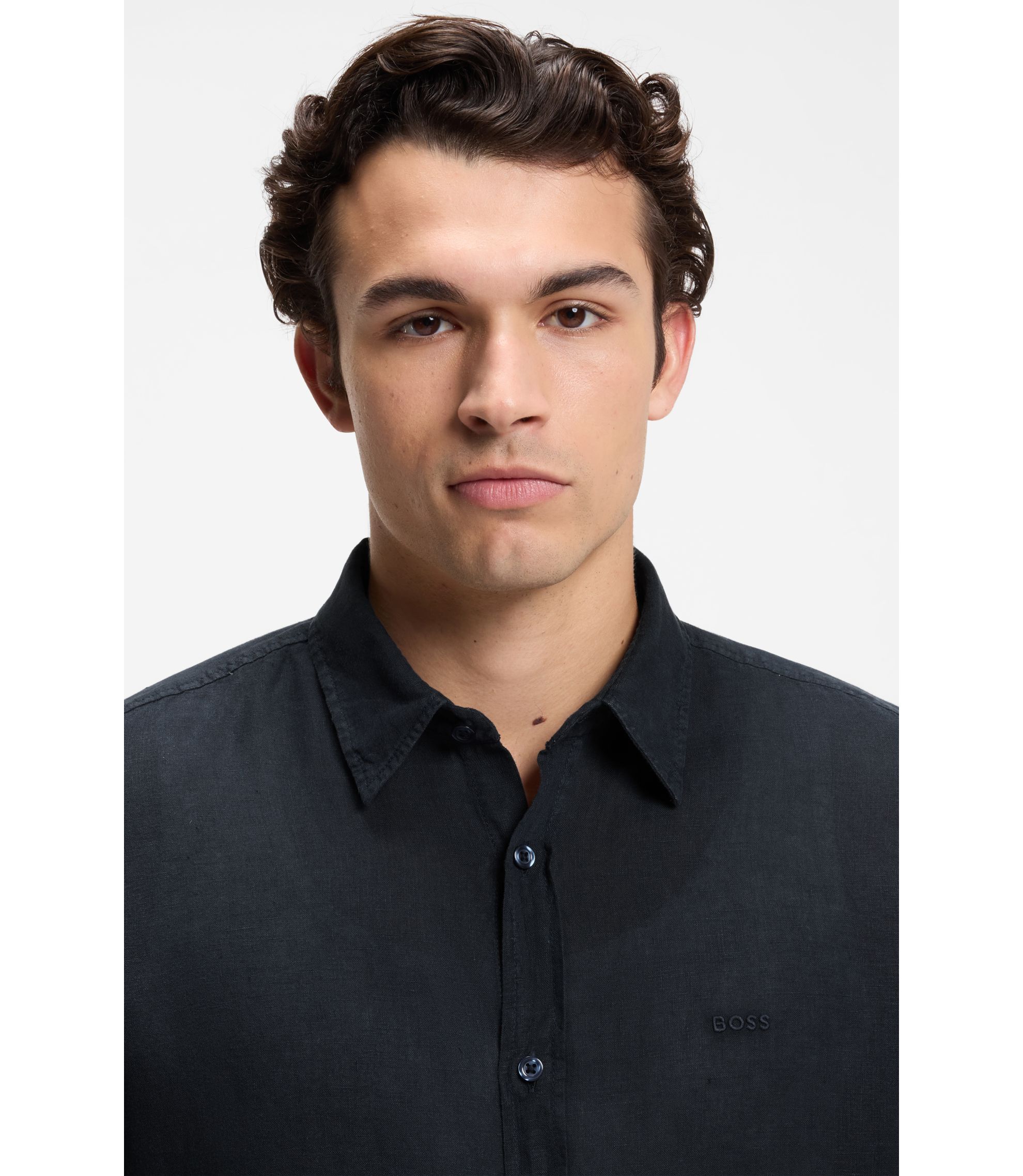 BOSS - Regular-fit shirt in linen - Dark Blue