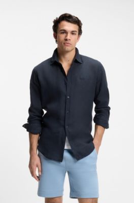 Regular-fit shirt in linen, Dark Blue