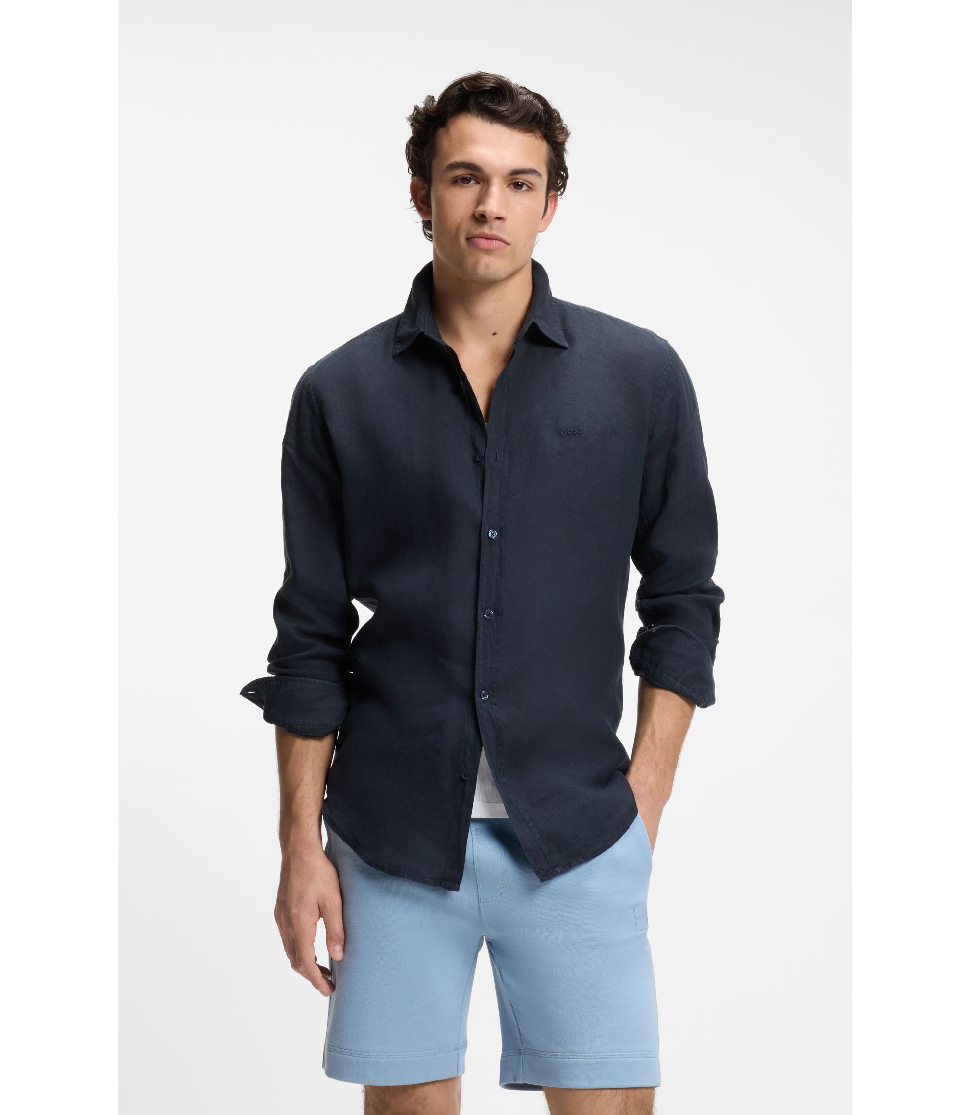 BOSS - Regular-fit shirt in linen - Dark Blue
