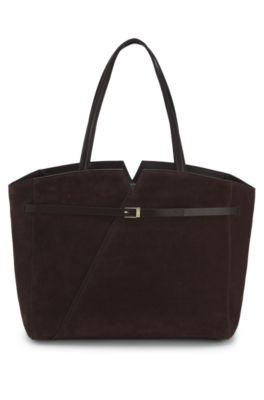 BOSS REVERS tote bag in suede with belt detail, Dark Brown