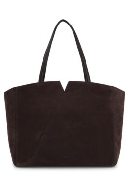 BOSS REVERS tote bag in suede with belt detail, Dark Brown