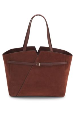 Cabas BOSS Revers en cuir su&eacute;d&eacute; avec d&eacute;tail de ceinture, Marron