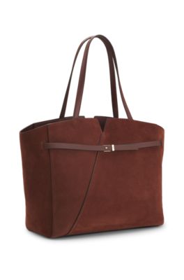 BOSS REVERS tote bag in suede with belt detail, Brown