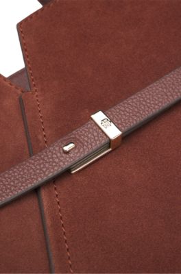BOSS REVERS tote bag in suede with belt detail, Brown