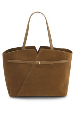 Cabas BOSS Revers en cuir su&eacute;d&eacute; avec d&eacute;tail de ceinture, Beige