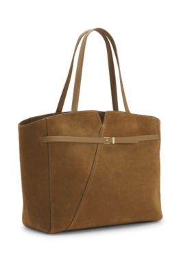 Cabas BOSS Revers en cuir su&eacute;d&eacute; avec d&eacute;tail de ceinture, Beige