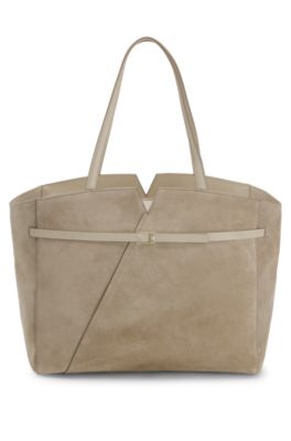 Bolso tote BOSS Revers en ante con detalle de cintur&oacute;n, Beige claro