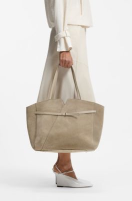BOSS REVERS tote bag in suede with belt detail, Light Beige