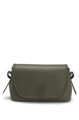 Grained faux-leather crossbody bag with Double B monogram, Dark Green