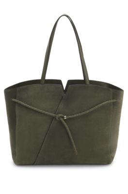 BOSS Revers suede tote bag with braided belt, Dark Green
