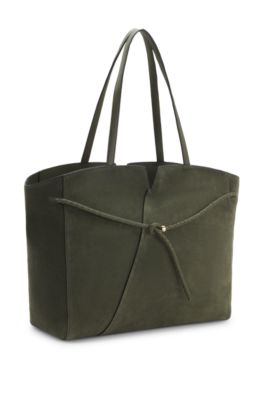 BOSS Revers suede tote bag with braided belt, Dark Green