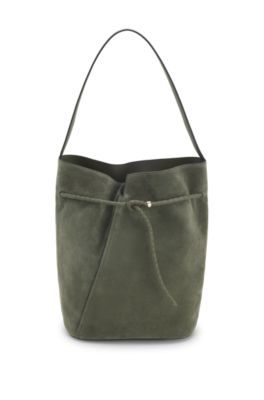 BOSS Revers suede bucket bag with braided belt, Dark Green