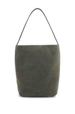 Sac seau BOSS REVERS en daim avec ceinture tress&eacute;e, Vert sombre