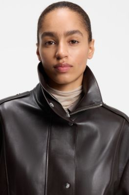 Trench court en cuir nappa style aviateur, Marron