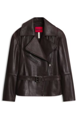 Oversized-fit nappa leather jacket with belt, Brown
