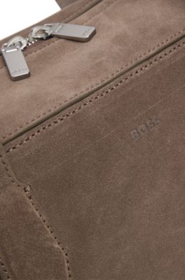 Suede duffel bag with embossed logo, Khaki