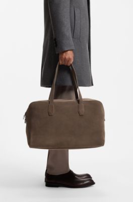 Suede duffel bag with embossed logo, Khaki