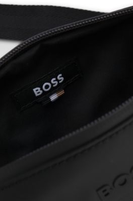 Bolso cruzado de piel sint&eacute;tica con logo reflectante, Negro