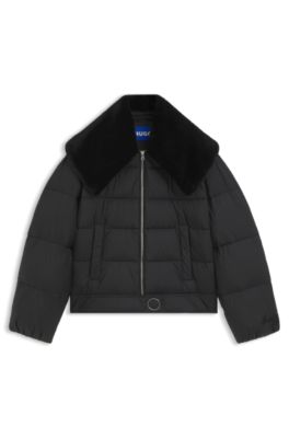 Water-repellent puffer jacket with detachable faux-fur collar, Black