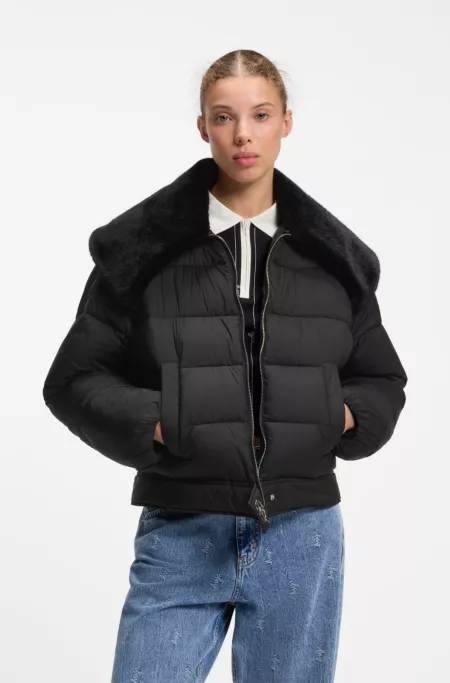 Water-repellent puffer jacket with detachable faux-fur collar