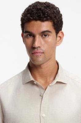 Regular-fit shirt in washed linen, Light Beige