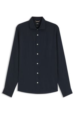 Camisa regular fit de lino lavado, Azul oscuro