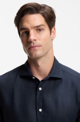 Regular-fit shirt in washed linen, Dark Blue