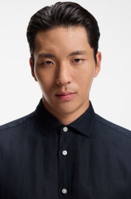 Regular-fit shirt in washed linen, Dark Blue
