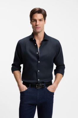 Chemise Regular en lin lav&eacute;, Bleu fonc&eacute;