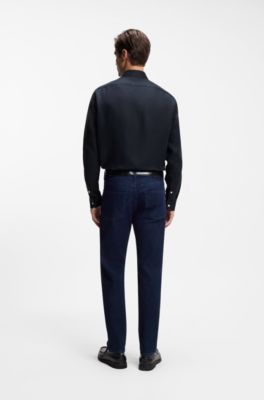 Regular-fit shirt in washed linen, Dark Blue
