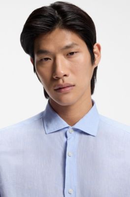 Camisa regular fit de lino lavado, Celeste