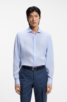 Camisa regular fit de lino lavado, Celeste