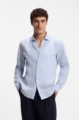 Regular-fit shirt in washed linen, Light Blue