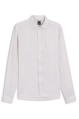 Regular-fit shirt in striped linen, Light Beige