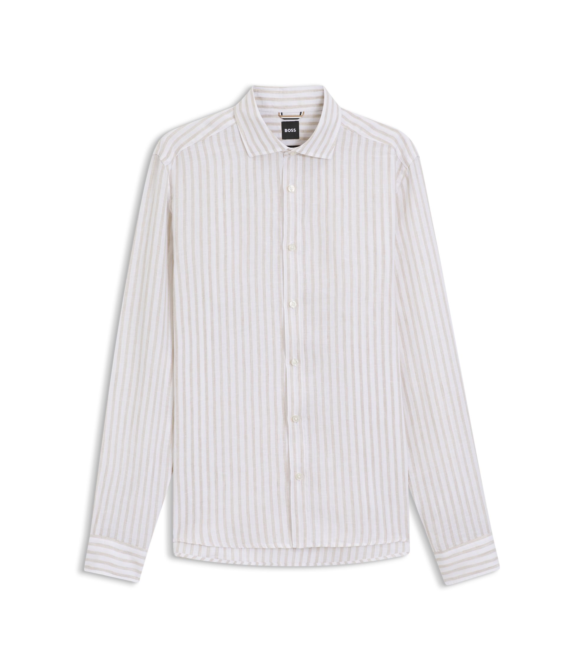 BOSS - Regular-fit shirt in striped linen - Light Beige