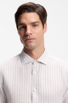 Regular-fit shirt in striped linen, Light Beige