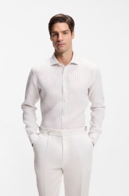 Camisa regular fit en lino a rayas, Beige claro