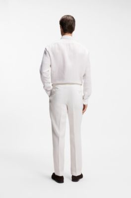 Camisa regular fit en lino a rayas, Beige claro