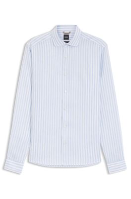 Camisa regular fit en lino a rayas, Celeste