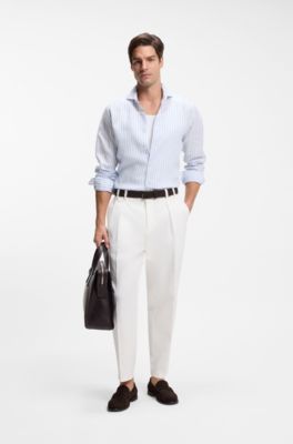 Camisa regular fit en lino a rayas, Celeste