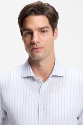 Camisa regular fit en lino a rayas, Celeste