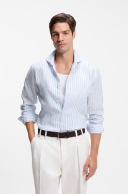 Camisa regular fit en lino a rayas, Celeste
