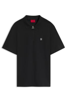 Zipper-neck cotton polo shirt with boucl&eacute; tape, Black