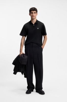 Zipper-neck cotton polo shirt with boucl&eacute; tape, Black
